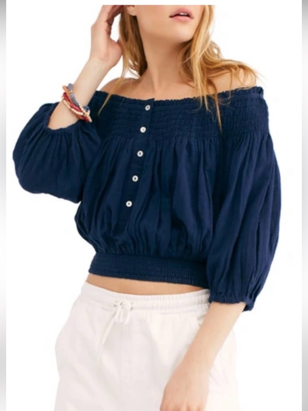 Free People Smocked Crop Top Navy M